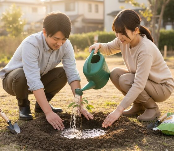植えたばかりの植木は水やりが重要.