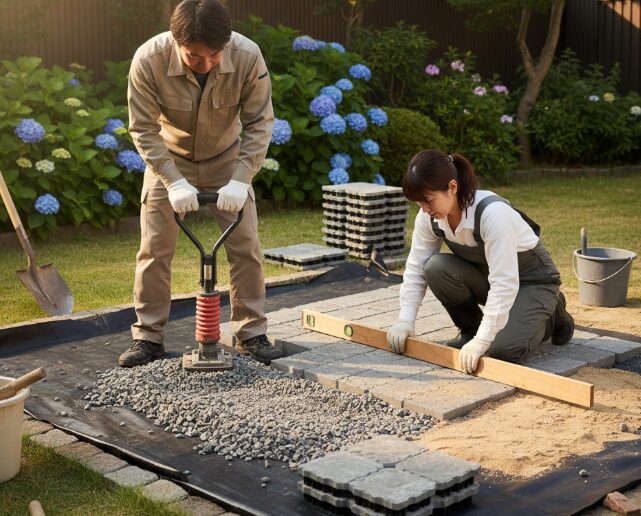 庭の土の上にジョイントタイルを敷くには置くだけではダメ？整地が鍵