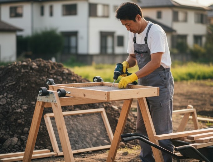 木材で「A」の形をした脚を2つ作り、その頂点部分にローラーを取り付けた台を自作する