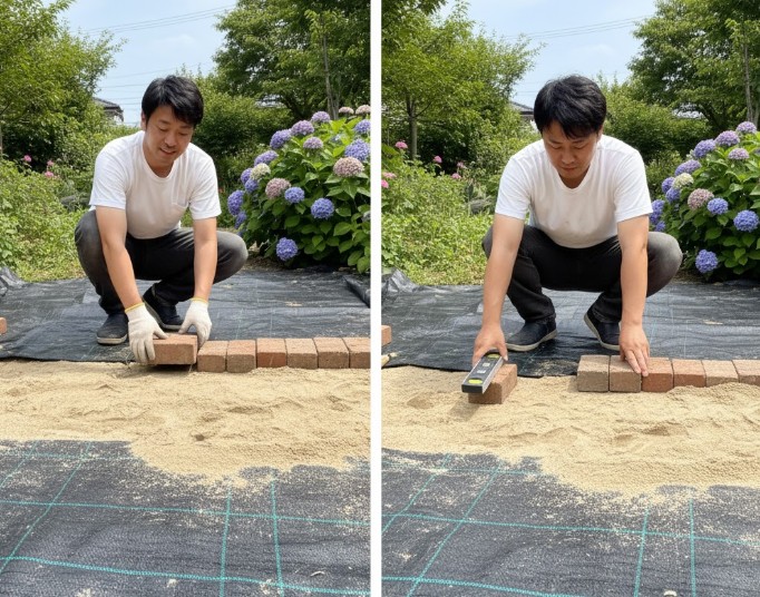 防草シートの上にレンガを敷くと効果的