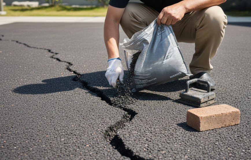 アスファルトの亀裂は常温合材で補修する