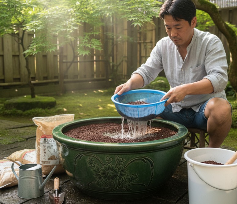 睡蓮鉢と赤玉土の準備