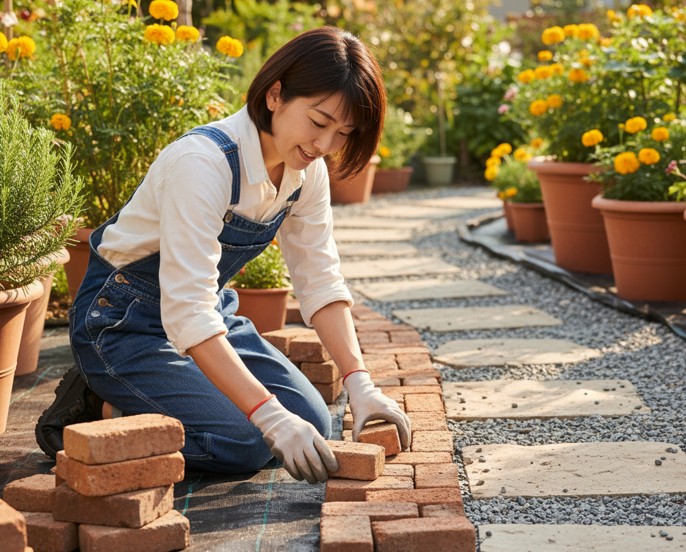 防草シートと砂利・レンガで物理的にガード