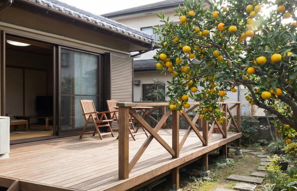 庭のみかんの木のすぐそばにウッドデッキはありませんか？もしそれが天然木で作られていて、束石の下が土であれば、そこはシロアリの高速道路になります。