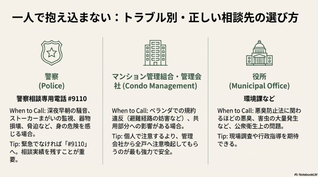 警察（#9110）、マンション管理組合、役所（環境課）それぞれのアイコンと、相談すべき具体的なトラブル事例の分類。
