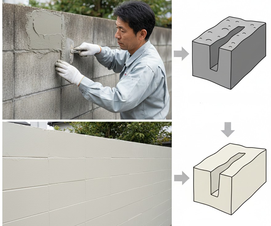 パテ処理でブロック表面を平滑にする重要性
