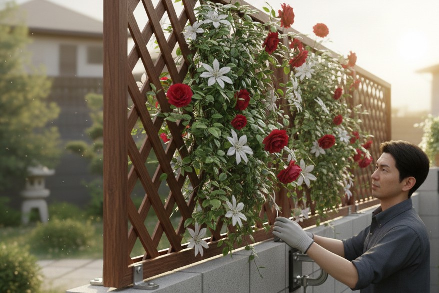 ブロック塀の上にラティス