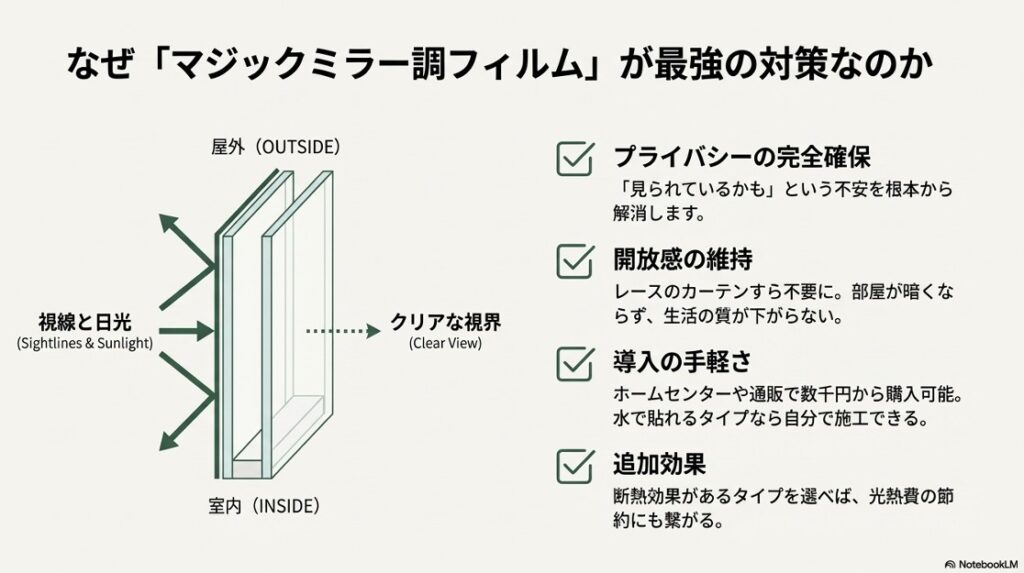 窓ガラスに貼るマジックミラー調フィルムの仕組み。屋外からの視線と日光を反射し、室内からはクリアな視界を確保する図解。