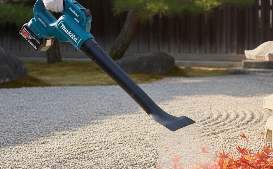 ワイドノズルで風を分散し石を飛ばさない工夫