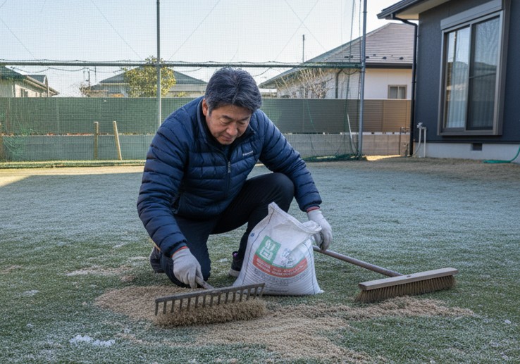 冬の天然芝管理 目土作業の重要性
