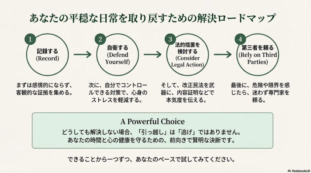 : 平穏な日常を取り戻す解決ロードマップ 代替テキスト: 記録、自衛、法的措置検討、第三者への相談という4つのステップを示した解決までのフローチャート。
