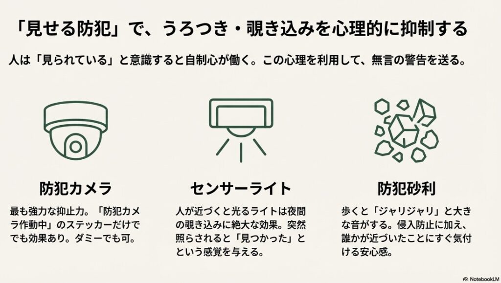 防犯カメラ、センサーライト、防犯砂利のイラスト。視覚と聴覚に訴える「見せる防犯」アイテムの紹介。
