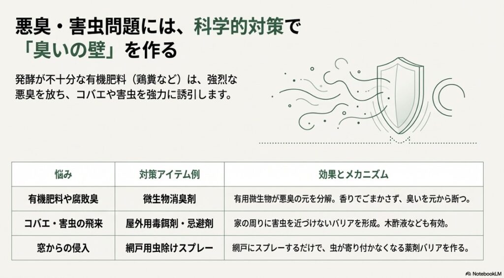 悪臭や害虫を防ぐ盾のイラスト。微生物消臭剤や忌避剤を使用して、臭いと虫の侵入を防ぐ「壁」を作る対策一覧。