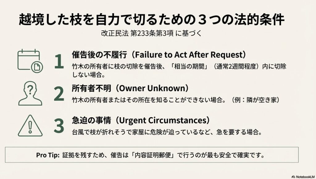 越境した枝を自力で切除できる3つの法的要件（催告後の不履行、所有者不明、急迫の事情）を解説したスライド。