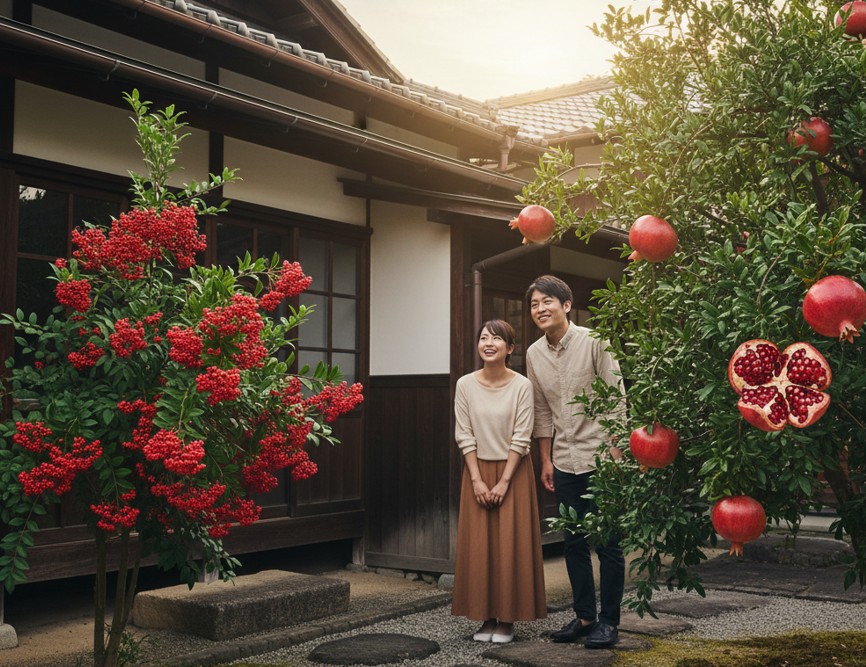 縁起の良い南天とざくろの配置