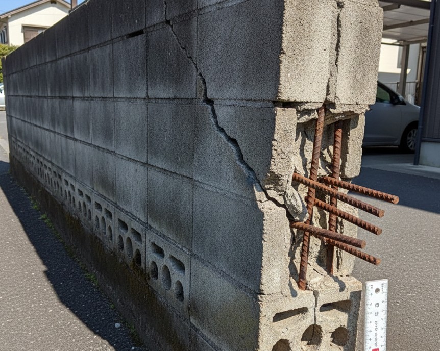 見るからに崩れそうな塀の危険サイン