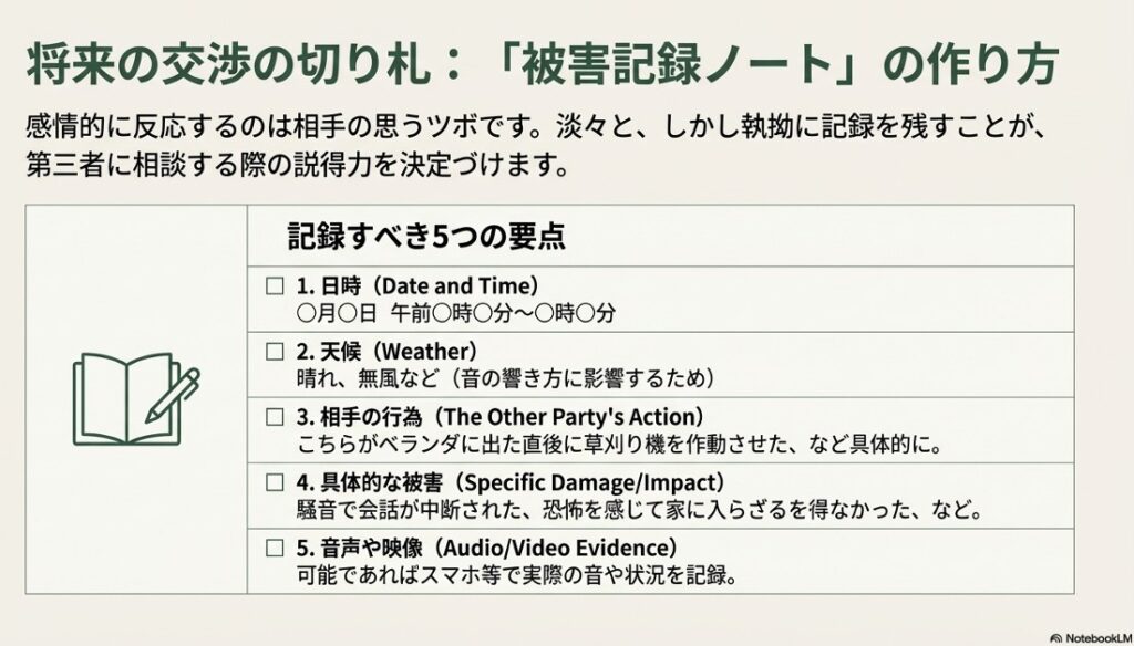被害日時、天候、相手の行為、具体的な被害内容などを記録するための項目リスト。証拠保全のためのチェックシート。