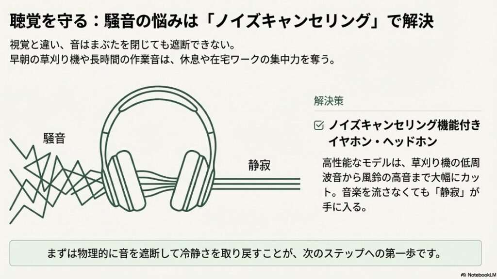 騒音と静寂の対比イラスト。草刈り機や作業音を遮断し、聴覚を守るためのノイズキャンセリングイヤホンの効果。