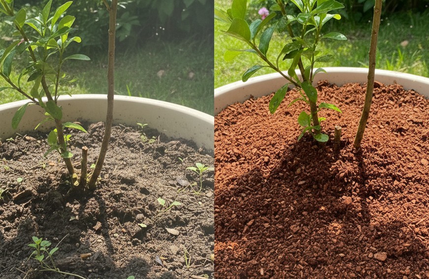 マルチングによる乾燥と雑草の抑制