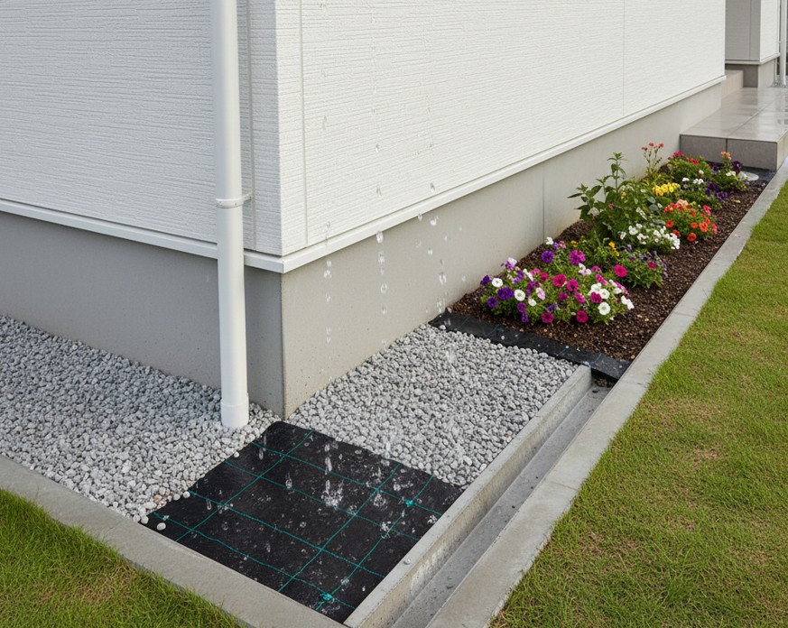 基礎の庭に砂利を敷いて湿潤状態を回避する