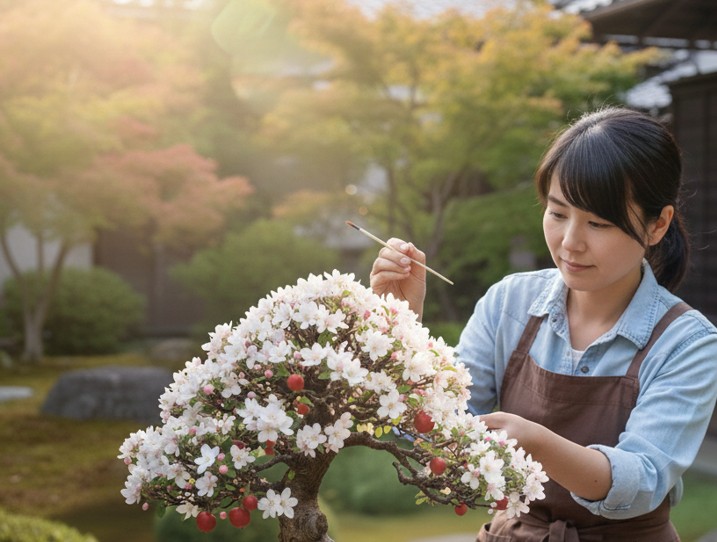 りんごの盆栽の受粉人工授粉