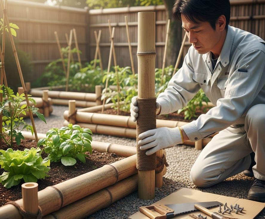 竹の花壇：支柱と固定具