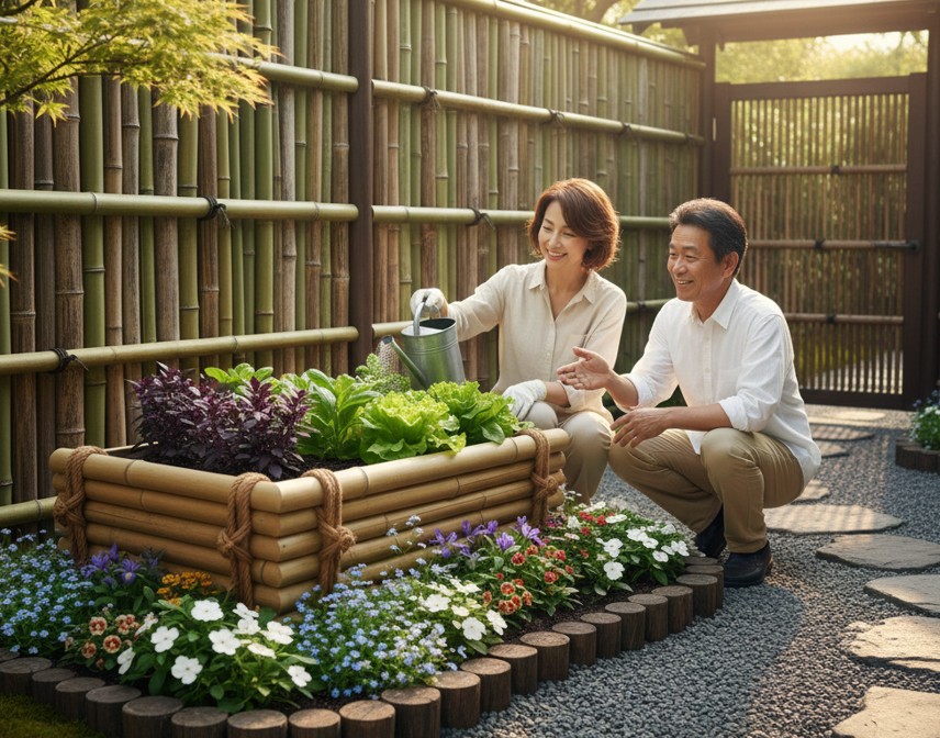 竹の花壇で庭改善