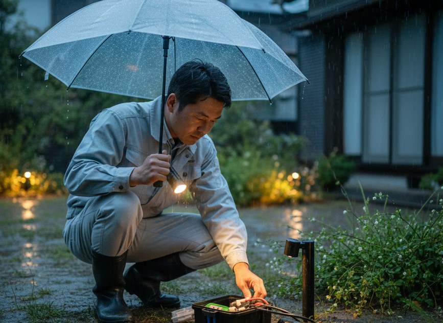 雨の日の漏電を防ぐガーデンライトの配線と埋設の点検