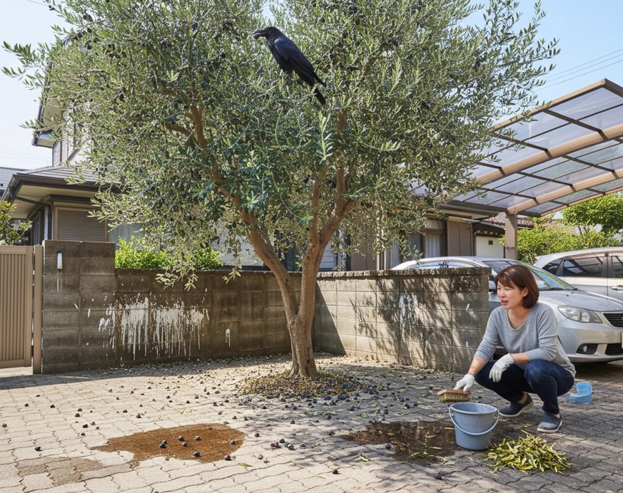 落ち葉や実の油分による汚れと鳥害への対策