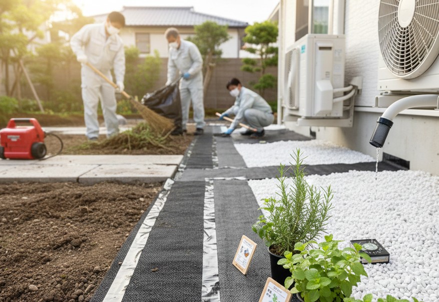 施工前に殺虫剤や駆除剤を土に撒くプロの防虫工程