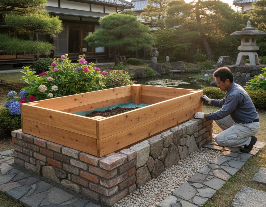 レンガや石材を組み合わせたハイブリッドな庭造り