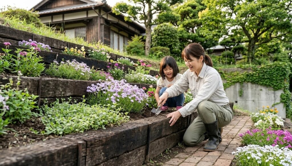 自然素材を活かした枕木やレンガの土留め