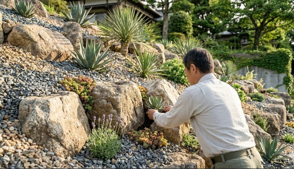 水はけを活かしたロックガーデンやドライガーデンの施工