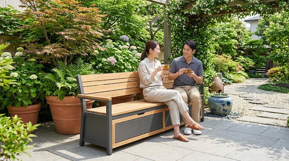 屋外に置くおしゃれな収納ベンチの例