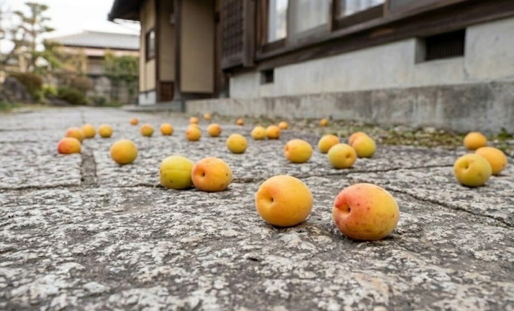 落下した実の腐敗による悪臭と不快害虫の発生