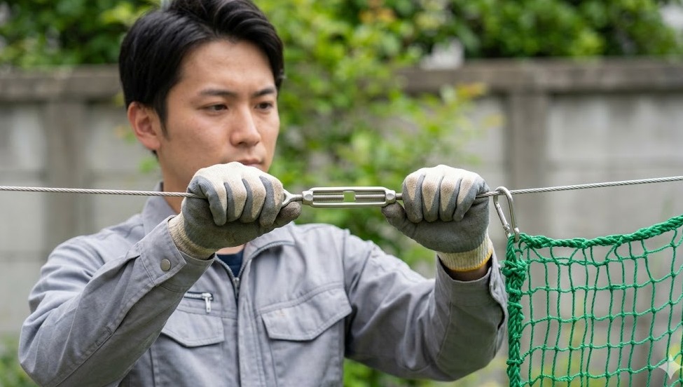 防球ネットワイヤーの張り方