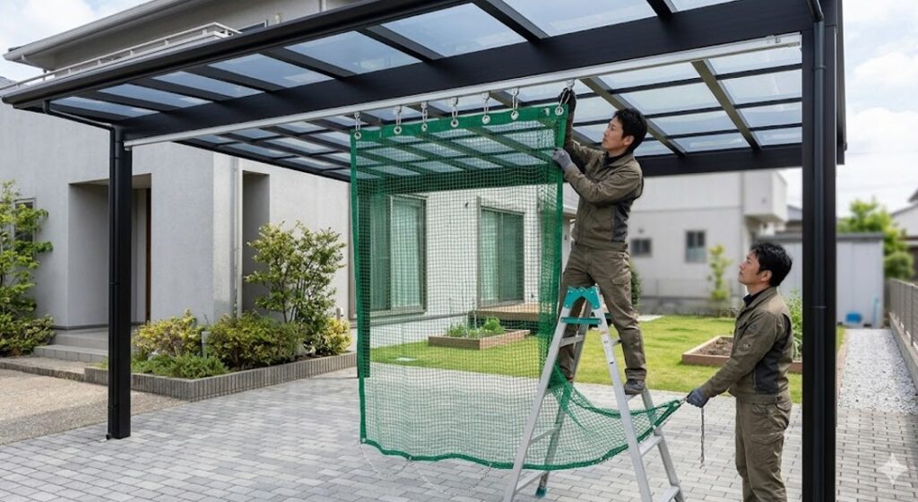 カーポートにカーテン式防球ネットを施工
