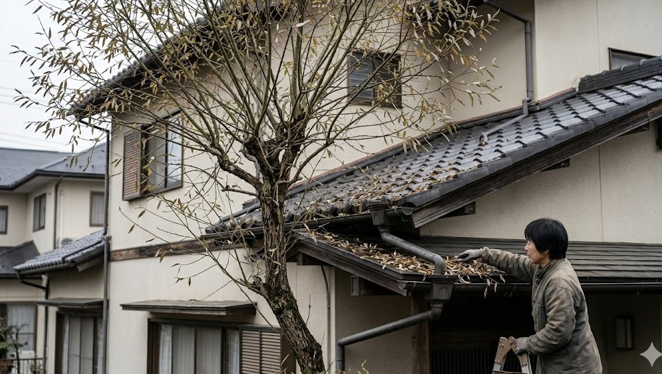 ネコヤナギの落葉と雨樋