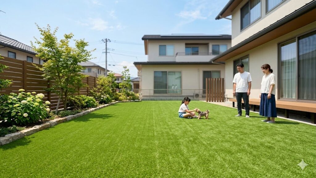 青々とした人工芝が広がる庭で、笑顔で犬と遊ぶ日本の家族