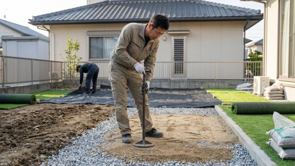 人工芝の施工プロセス:日本の住宅の庭で、職人が下地材(砕石・砂)を丁寧に転圧し、雑草対策のための防草シートを敷設している様子。