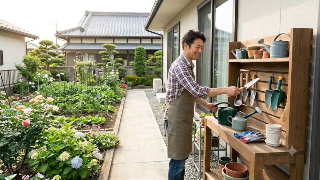 晴れた日の戸建ての庭で、エプロン姿のアジア人男性が効率的に配置された木製棚と金属製スタンドからスコップなどの園芸道具を選んでいる様子。周囲には植物が植えられた花壇が広がる。作業動線を考慮した整理整頓された屋外収納の例。