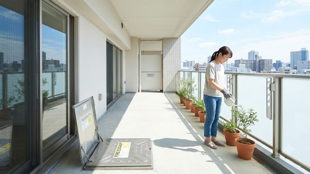 マンションのベランダで、避難ハッチ周辺を空けてプランターを配置し、安全に水やりをする女性