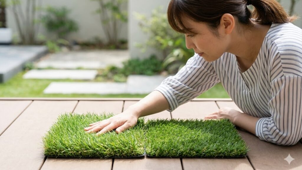 日本人の女性が自宅のテラスで、無料サンプルの人工芝を手に取り、芝目の向きや触り心地、フカフカ感を直接確認している様子。