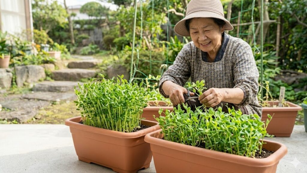 清潔な市販の培養土を使い、泥はねや病害虫のリスクを回避してプランターで元気に育つ豆苗