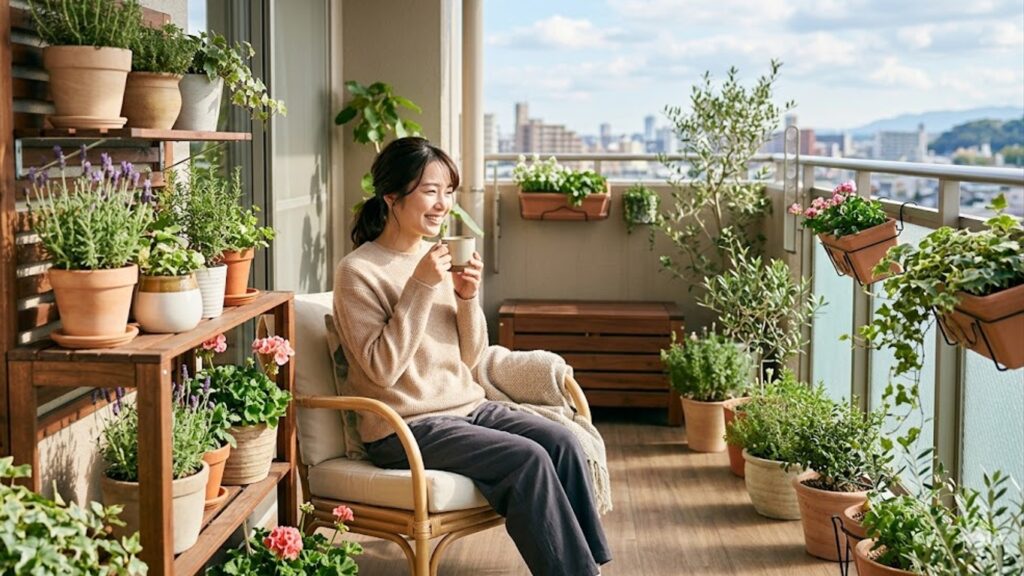 晴れた日に植物に囲まれた明るいベランダで、コーヒーを飲みながらリラックスするアジア人女性の様子。整理された棚があり、快適なガーデニング空間を表現している。