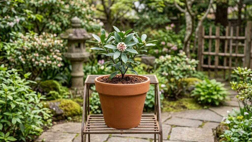 鉢植えで適切に管理されている沈丁花と、周囲の清潔な庭園の様子