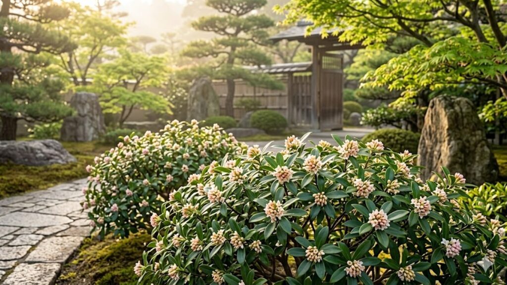 春の日本庭園で美しく咲き誇る沈丁花の木と、朝日に照らされた和風の風景
