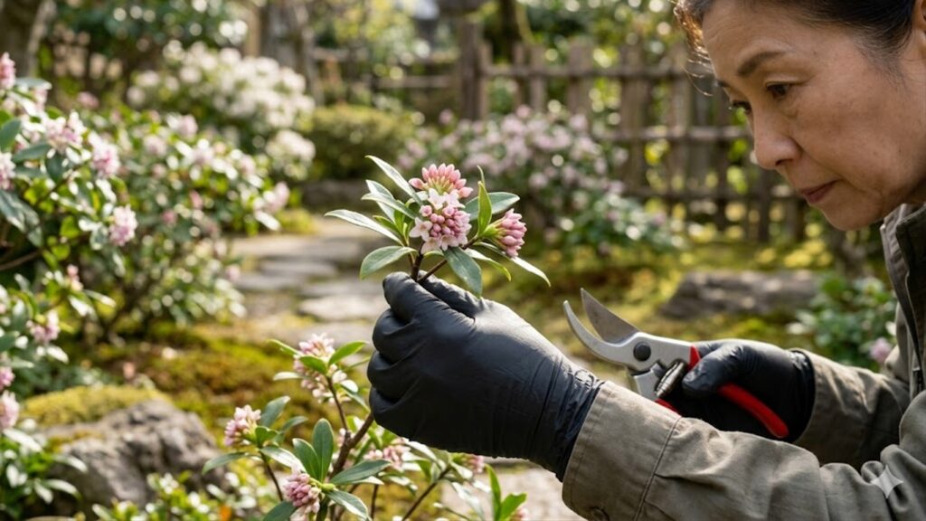 沈丁花の枝を剪定する際に、安全のために黒い手袋を着用して慎重に作業を行う様子