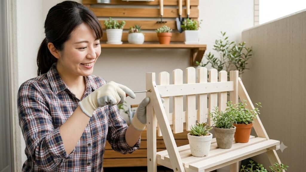 100円ショップのすのこや木材を使用し、女性がオリジナルの折りたたみシェルフを組み立てている様子