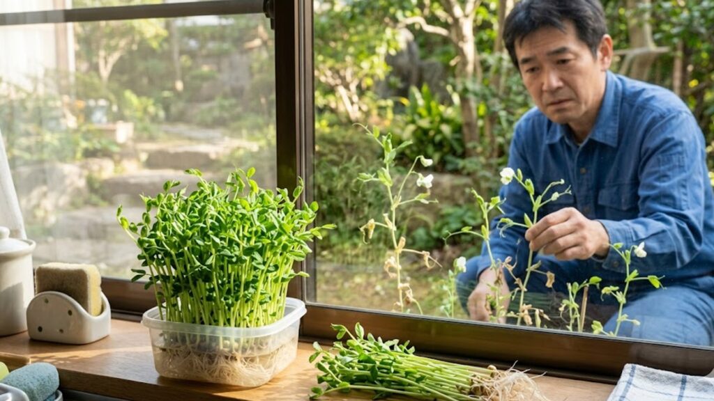 日当たりの良い窓辺で水耕栽培されている柔らかそうな豆苗と、庭に地植えされ硬く育った豆苗の質感の対比